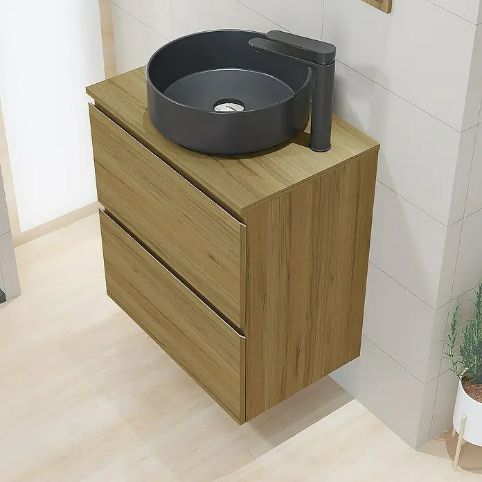 Artysan Mueble bajo de lavabo Cíes - L x An x Al: 38,6 x 60 x 64 cm, Roble Guadarrama - Lavabo de baño moderno con mueble con aspecto de madera y grifo negro para diseños de baño elegantes.
