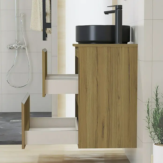 Artysan Mueble bajo de lavabo Cíes - L x An x Al: 38,6 x 60 x 64 cm, Roble Guadarrama - Mueble de baño con sistema de cajones abiertos y moderno grifo de lavabo negro. Diseño elegante para el baño moderno.