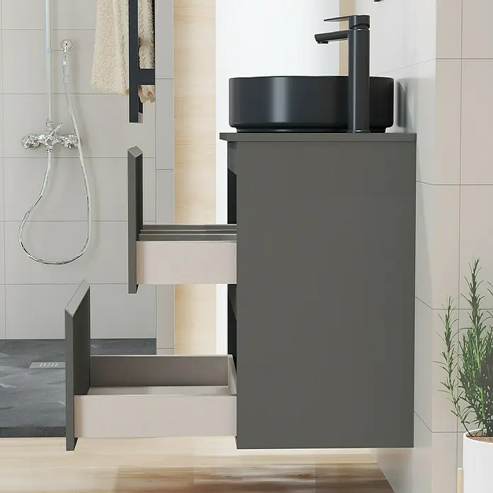 Artysan Mueble bajo de lavabo Cíes - L x An x Al: 38,6 x 60 x 64 cm, Antracita - Mueble de lavabo gris con cajones abiertos y lavabo sobre encimera negro. Elegante mobiliario de baño.