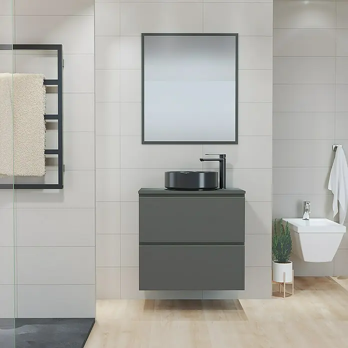 Artysan Mueble bajo de lavabo Cíes - L x An x Al: 38,6 x 70 x 64 cm, Antracita - Interior de baño con un moderno mueble de lavabo gris, un lavabo redondo y un espejo cuadrado para un ambiente elegante.