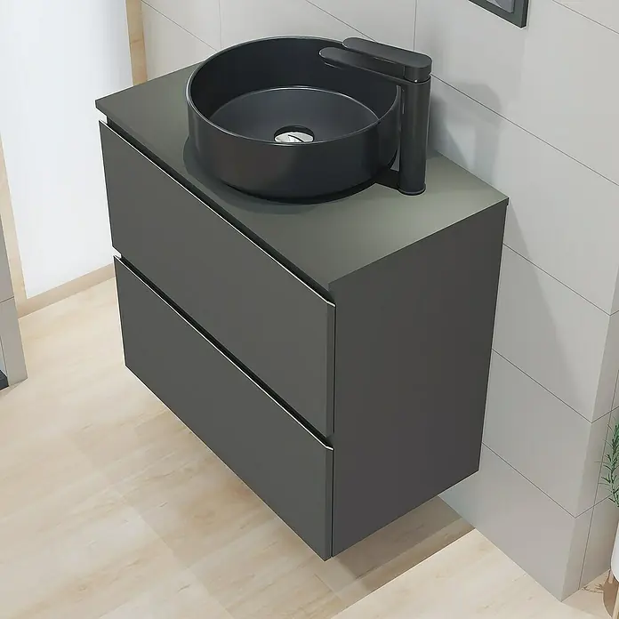 Artysan Mueble bajo de lavabo Cíes - L x An x Al: 38,6 x 70 x 64 cm, Antracita - Elegante y moderno lavabo de baño con mueble y grifo negro mate.