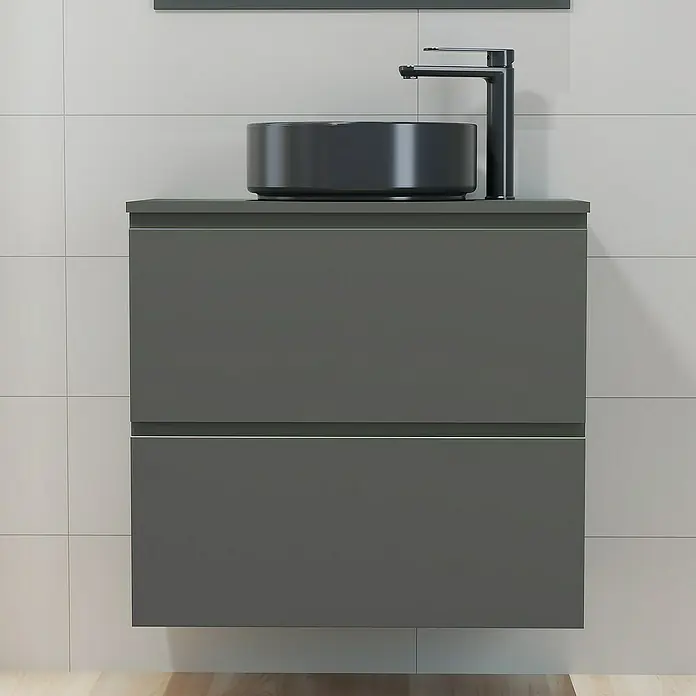 Artysan Mueble bajo de lavabo Cíes - L x An x Al: 38,6 x 70 x 64 cm, Antracita - Moderno tocador gris con lavabo de vasija redonda y grifo minimalista contra una pared de azulejos blancos.