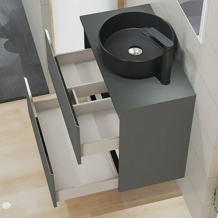 Artysan Mueble bajo de lavabo Cíes - L x An x Al: 38,6 x 70 x 64 cm, Antracita - Elegante lavabo de baño gris con sistema de cajones abiertos y grifo de lavabo redondo negro para baños modernos.