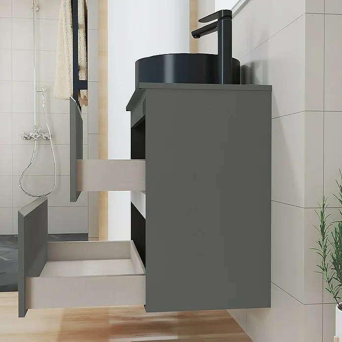 Artysan Mueble bajo de lavabo Cíes - L x An x Al: 38,6 x 70 x 64 cm, Antracita - Mueble de baño gris con dos cajones abiertos y lavabo sobre encimera negro con grifo.
