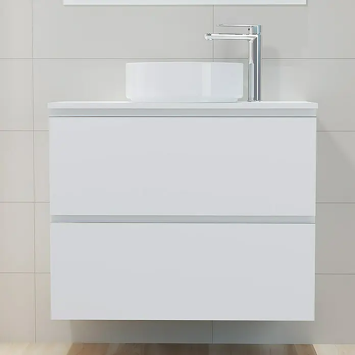 Artysan Mueble bajo de lavabo Cíes - L x An x Al: 38,6 x 80 x 64 cm, Blanco - Un moderno mueble de baño blanco con dos cajones y un lavabo sobre encimera, ideal para un baño elegante.