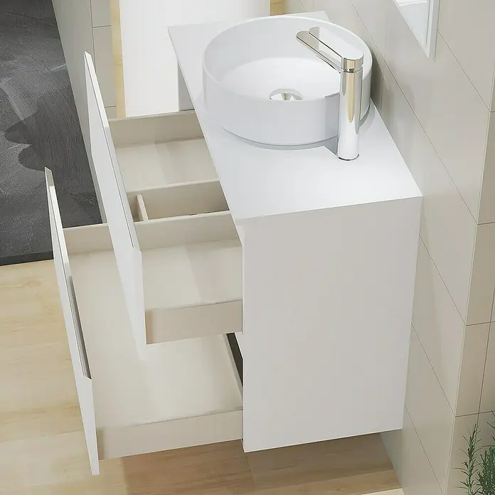 Artysan Mueble bajo de lavabo Cíes - L x An x Al: 38,6 x 80 x 64 cm, Blanco - La imagen muestra un moderno mueble de baño con cajones abiertos, un lavabo redondo sobre encimera y un grifo elegante, todo en blanco.