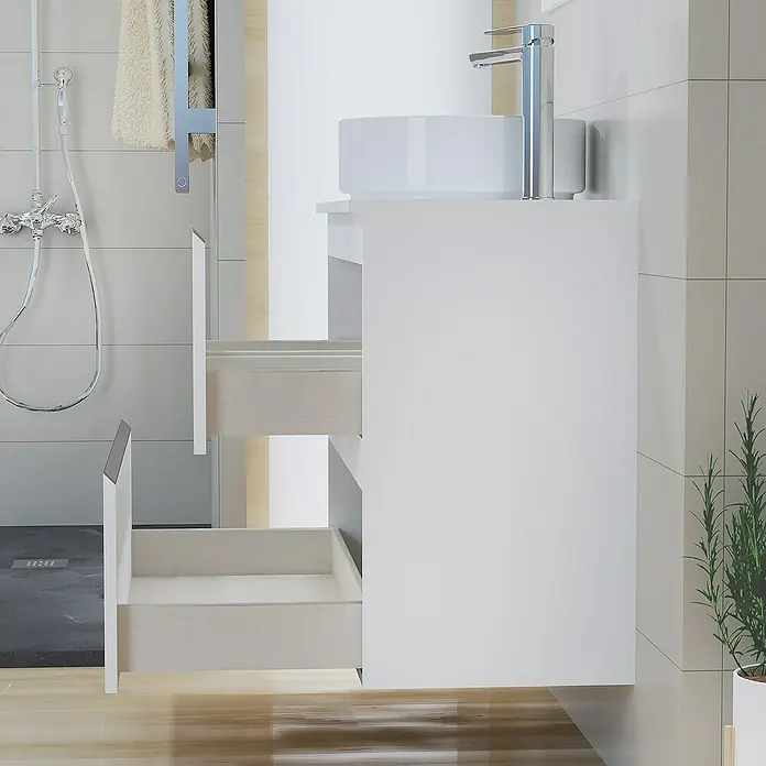 Artysan Mueble bajo de lavabo Cíes - L x An x Al: 38,6 x 80 x 64 cm, Blanco - Primer plano de un mueble de baño con lavabo y dos cajones abiertos, combinando diseño elegante y funcionalidad.