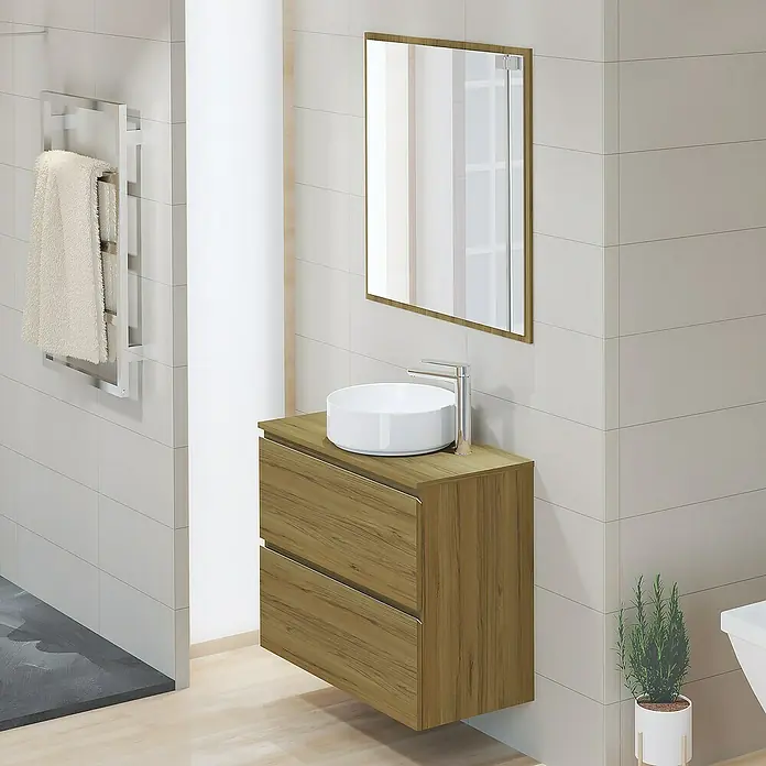 Artysan Encimera para lavabo Cíes - 39,1 x 81 x 1,6 cm, Roble Guadarrama - Baño moderno con mueble de madera con lavabo redondo, espejo y toallero eléctrico en la pared. Diseño elegante.