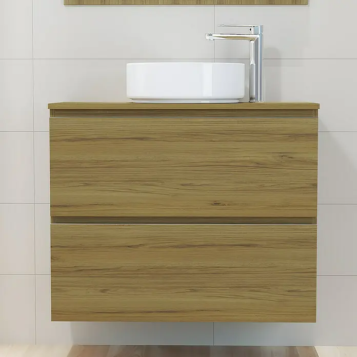 Artysan Mueble bajo de lavabo Cíes - L x An x Al: 38,6 x 80 x 64 cm, Roble Guadarrama - Baño moderno con mueble de lavabo de madera, lavabo sobre encimera y grifo.