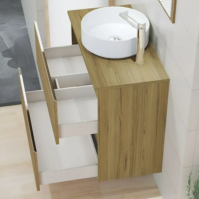 Artysan Mueble bajo de lavabo Cíes - L x An x Al: 38,6 x 80 x 64 cm, Roble Guadarrama - Elegante mueble de baño con lavabo y cajones abiertos, que ofrecen espacio de almacenamiento. La decoración de madera añade calidez.