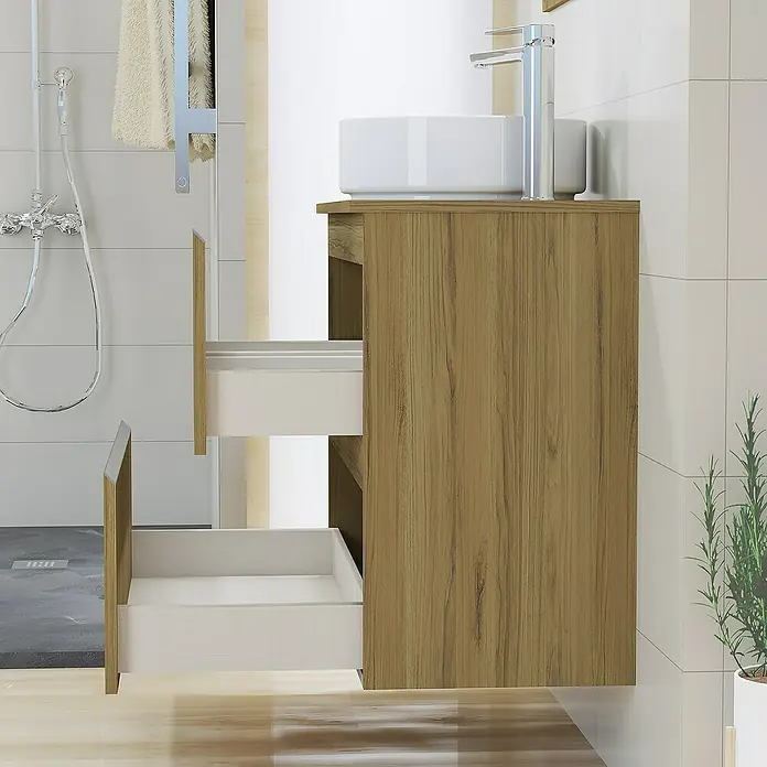 Artysan Mueble bajo de lavabo Cíes - L x An x Al: 38,6 x 80 x 64 cm, Roble Guadarrama - Un moderno mueble de baño con aspecto de madera, con dos cajones abiertos y un lavabo sobre encimera, ideal para un baño elegante.