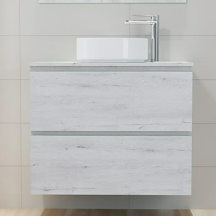 Artysan Mueble bajo de lavabo Cíes - L x An x Al: 38,6 x 80 x 64 cm, Silver - Un elegante mueble de baño con dos cajones y un lavabo sobre encimera en un baño moderno.