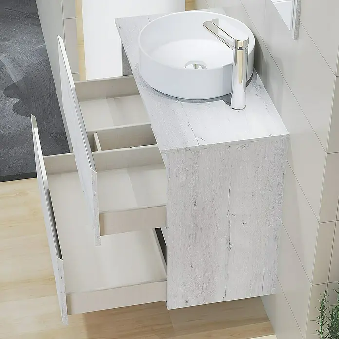 Artysan Mueble bajo de lavabo Cíes - L x An x Al: 38,6 x 80 x 64 cm, Silver - Un mueble de baño con cajones abiertos y un lavabo redondo. El mueble tiene un acabado de madera clara.