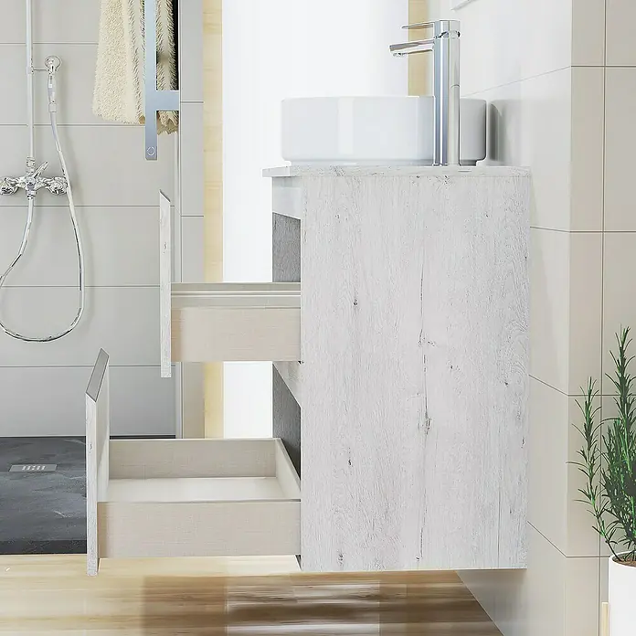 Artysan Mueble bajo de lavabo Cíes - L x An x Al: 38,6 x 80 x 64 cm, Silver - Un tocador de baño con cajones abiertos y un moderno lavabo sobre encimera. Los cajones ofrecen un espacio de almacenamiento práctico.