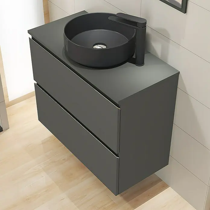 Artysan Mueble bajo de lavabo Cíes - L x An x Al: 38,6 x 80 x 64 cm, Antracita - Lavabo de baño moderno con lavabo sobre encimera negro y dos cajones, ideal para muebles de baño elegantes.