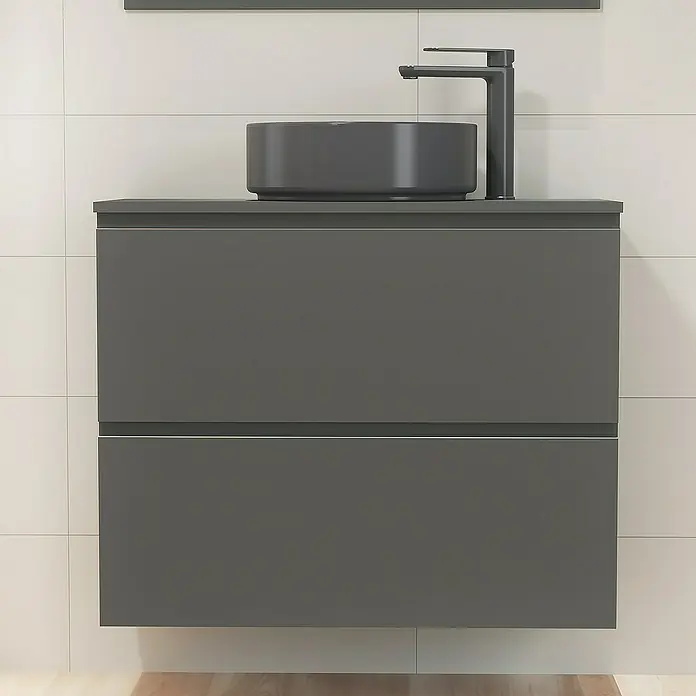 Artysan Mueble bajo de lavabo Cíes - L x An x Al: 38,6 x 80 x 64 cm, Antracita - Lavabo gris con mueble y grifo sobre pared blanca, diseño de baño moderno, elegante y que ahorra espacio.