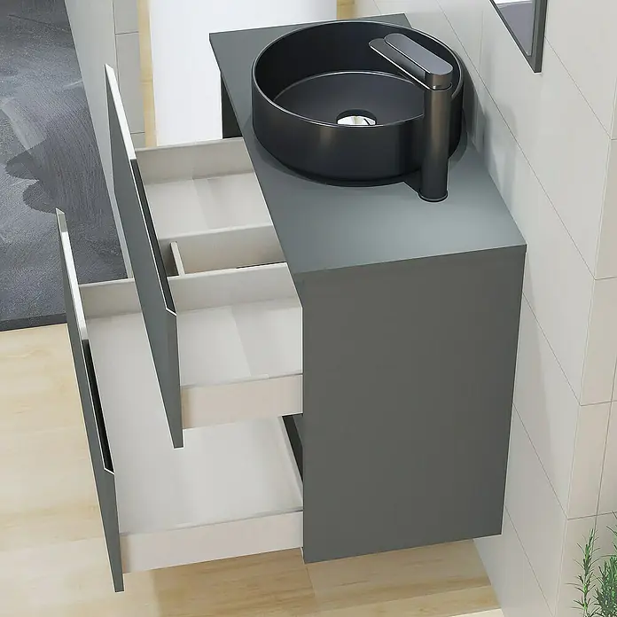 Artysan Mueble bajo de lavabo Cíes - L x An x Al: 38,6 x 80 x 64 cm, Antracita - Mueble de baño gris con cajones abiertos y lavabo negro sobre encimera con grifo.