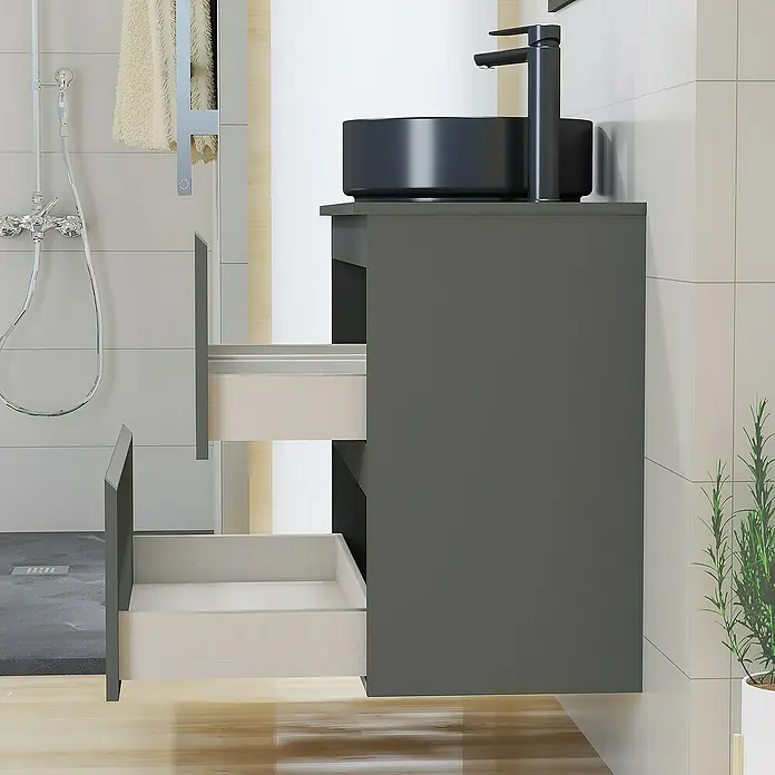 Artysan Mueble bajo de lavabo Cíes - L x An x Al: 38,6 x 80 x 64 cm, Antracita - Mueble de lavabo gris con dos cajones abiertos y un lavabo sobre encimera negro en un baño moderno.