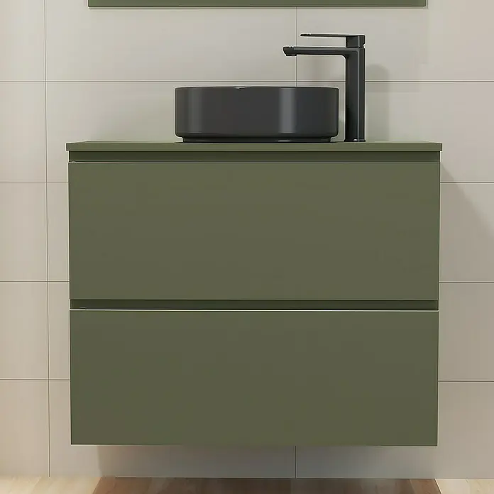 Artysan Mueble bajo de lavabo Cíes - L x An x Al: 38,6 x 80 x 64 cm, Musgo - Moderno mueble de baño verde oliva con lavabo sobre encimera negro y grifo para un baño elegante.