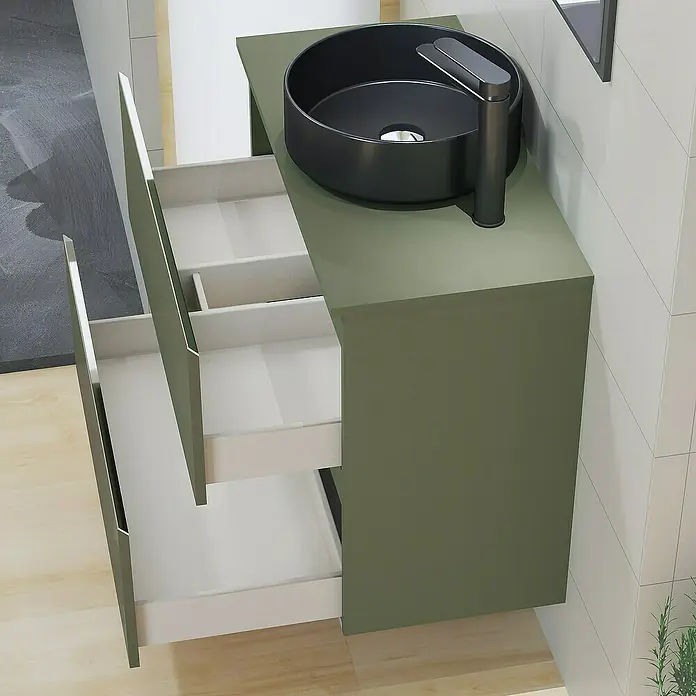 Artysan Mueble bajo de lavabo Cíes - L x An x Al: 38,6 x 80 x 64 cm, Musgo - Moderno lavabo de baño con mueble abierto y lavabo sobre encimera negro para un ambiente elegante.