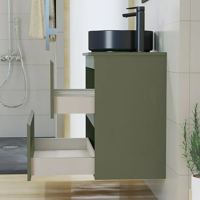 Artysan Mueble bajo de lavabo Cíes - L x An x Al: 38,6 x 80 x 64 cm, Musgo - Moderno mueble de baño en verde oliva con sistema de cajones abiertos y un elegante lavabo negro.