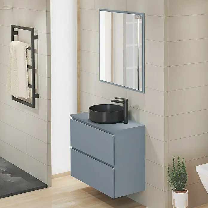 Artysan Encimera para lavabo Cíes - 39,1 x 81 x 1,6 cm, Azul - Elegante diseño de baño con un moderno mueble de lavabo gris y un elegante lavabo sobre encimera redondo.