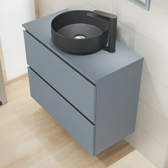 Artysan Mueble bajo de lavabo Cíes - L x An x Al: 38,6 x 80 x 64 cm, Azul - Mueble de baño gris con dos cajones y un lavabo sobre encimera redondo negro con grifo elegante instalado encima.