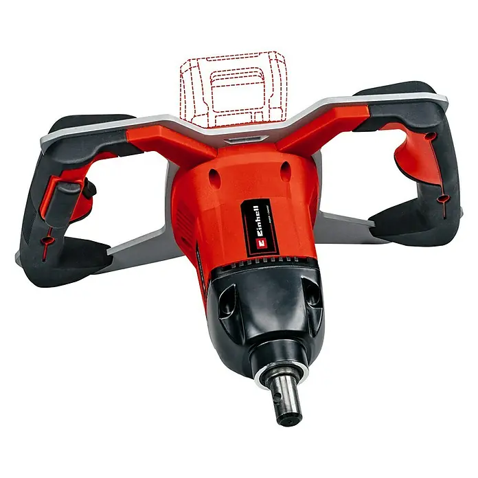 Einhell Professional PXC 18V Taladradora de suelo de batería - 18 V, Sin batería, Diámetro: 150 mm - Imagen de un mezclador de pintura Einhell rojo con dos manetas y un mandril que sirve para mezclar pintura.