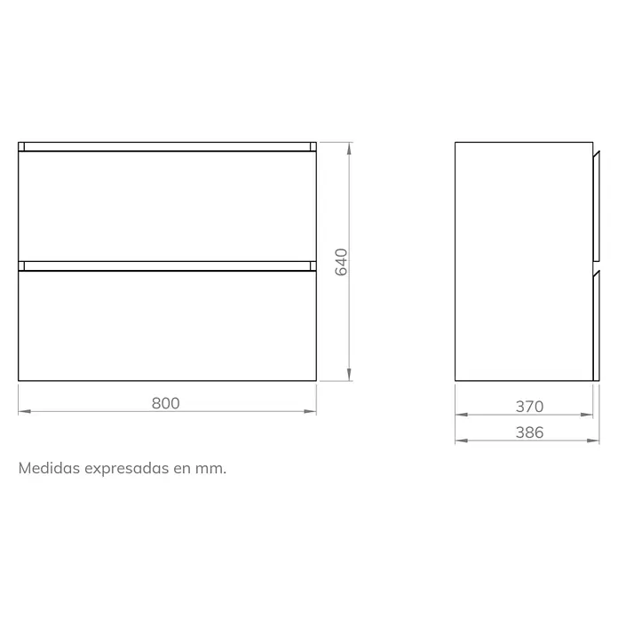 Artysan Mueble bajo de lavabo Cíes - L x An x Al: 38,6 x 80 x 64 cm, Musgo - Dibujo técnico de un mueble de baño con dimensiones de 800 x 640 x 370/386 mm. Perfecto para baños modernos con espacio limitado.