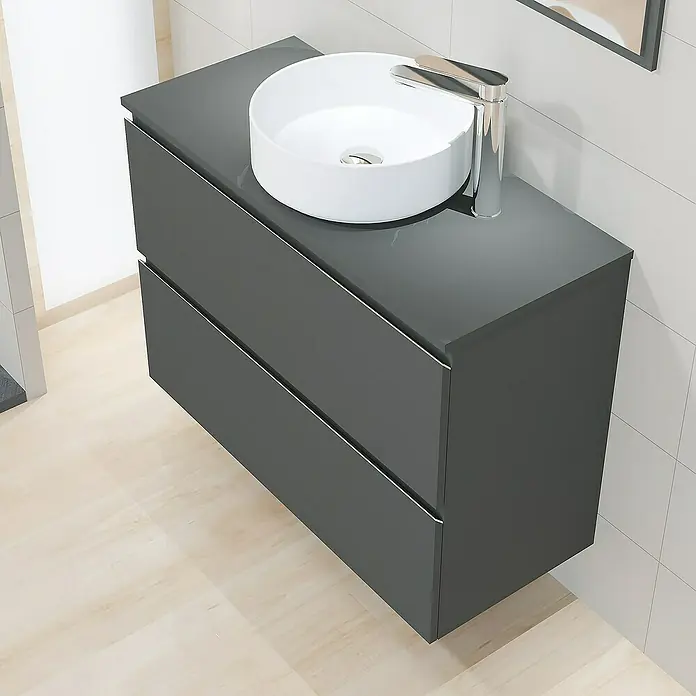 Artysan Mueble bajo de lavabo Cíes - L x An x Al: 38,6 x 90 x 64 cm, Antracita - Mueble de baño gris con lavabo redondo sobre encimera y grifo. Diseño moderno para baños elegantes.