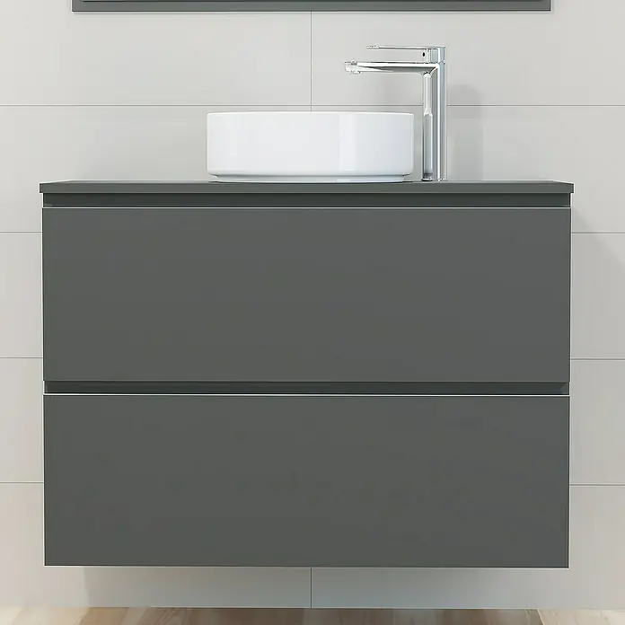 Artysan Mueble bajo de lavabo Cíes - L x An x Al: 38,6 x 90 x 64 cm, Antracita - Elegante mueble de baño gris con lavabo sobre encimera blanco y grifo cromado moderno para un baño con estilo.