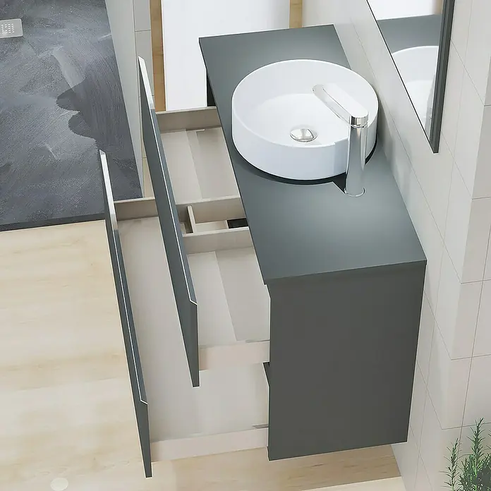 Artysan Mueble bajo de lavabo Cíes - L x An x Al: 38,6 x 90 x 64 cm, Antracita - Mueble de baño con lavabo sobre encimera redondo y cajones abiertos, diseño moderno.