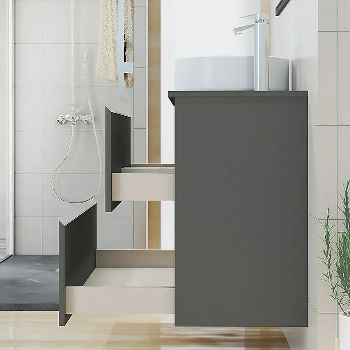 Artysan Mueble bajo de lavabo Cíes - L x An x Al: 38,6 x 90 x 64 cm, Antracita - Moderno mueble de baño antracita con diseño de cajón abierto y lavabo sobre encimera para un ambiente elegante.