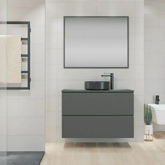 Artysan Mueble bajo de lavabo Cíes - L x An x Al: 38,6 x 100 x 64 cm, Antracita - Mueble de baño gris con lavabo negro y espejo en baño moderno. Diseño de baño contemporáneo con elegante combinación de lavabo.