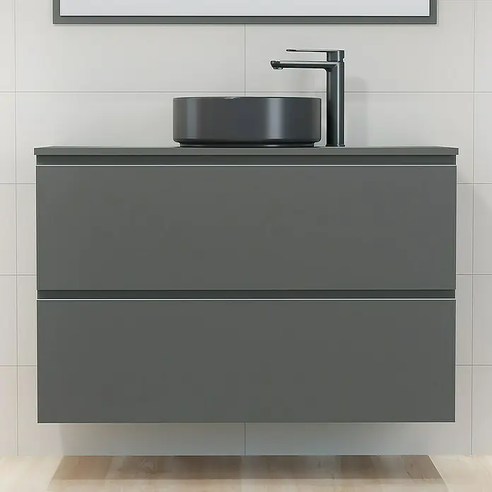 Artysan Mueble bajo de lavabo Cíes - L x An x Al: 38,6 x 100 x 64 cm, Antracita - Conjunto de tocador gris con un diseño moderno con un gabinete con dos cajones, lavabo sobre encimera y grifo elegante.