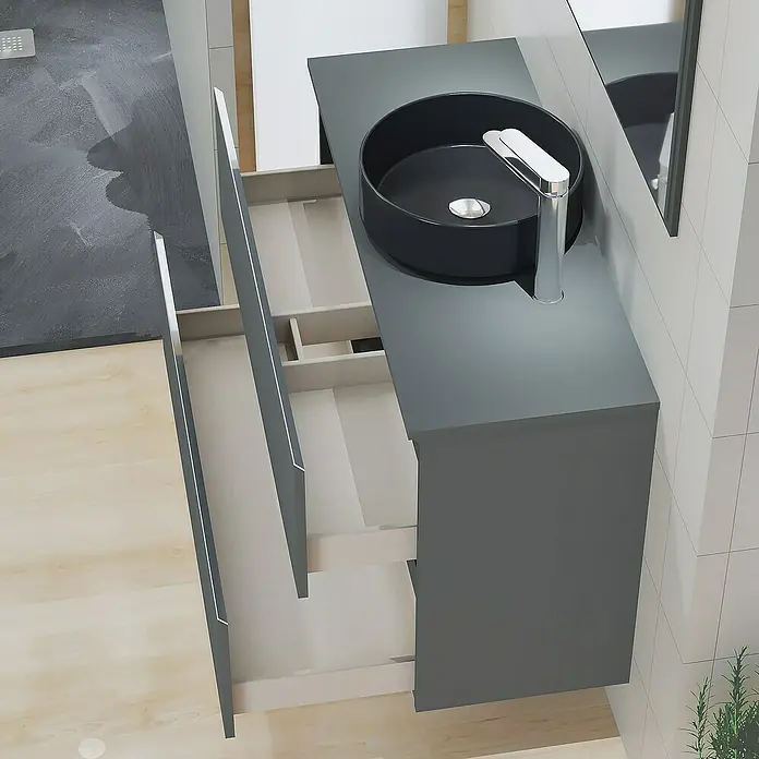 Artysan Mueble bajo de lavabo Cíes - L x An x Al: 38,6 x 100 x 64 cm, Antracita - Lavabo de baño moderno con un bol negro y redondo y cajones abiertos en un elegante mueble gris con mucho espacio de almacenamiento.