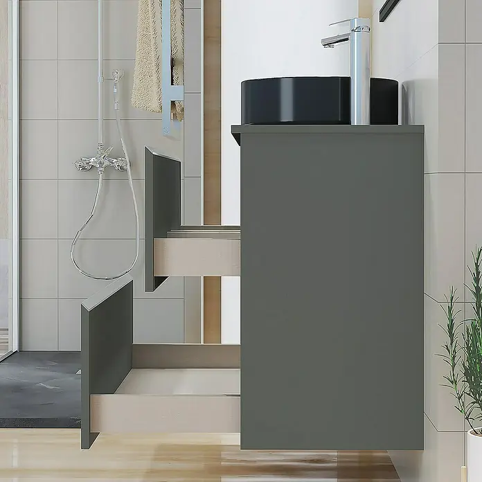 Artysan Mueble bajo de lavabo Cíes - L x An x Al: 38,6 x 100 x 64 cm, Antracita - Mueble de baño gris con dos cajones y lavabo negro para un diseño de baño elegante.