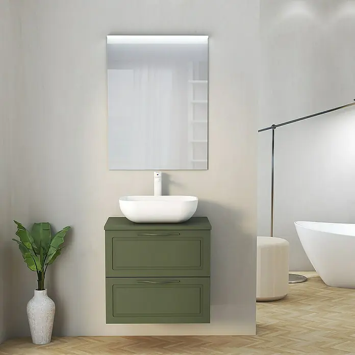 Artysan Mueble bajo de lavabo Toja - An x Pr x Al: 60 x 45 x 54,5 cm, Musgo - Mueble de baño con gabinete verde, un lavabo blanco sobre encimera y espejo iluminado para un toque moderno.