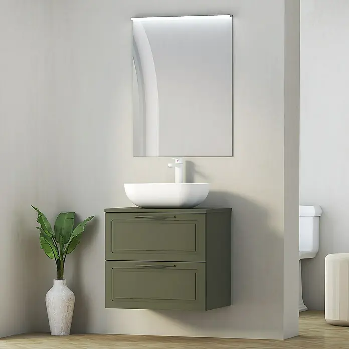 Artysan Encimera para lavabo Toja - 45,7 x 61 x 1,6 cm, Musgo - Baño moderno con mueble de lavabo verde oliva, lavabo sobre encimera blanco y espejo iluminado.