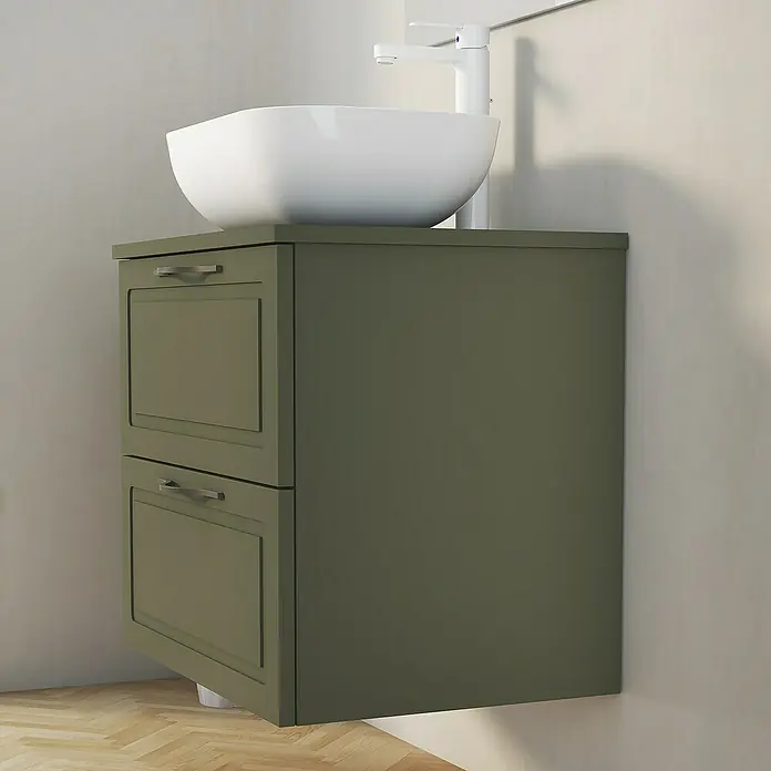 Artysan Mueble bajo de lavabo Toja - An x Pr x Al: 60 x 45 x 54,5 cm, Musgo - Mueble de lavabo verde oliva con dos cajones y un elegante lavabo sobre encimera para un diseño de baño moderno.