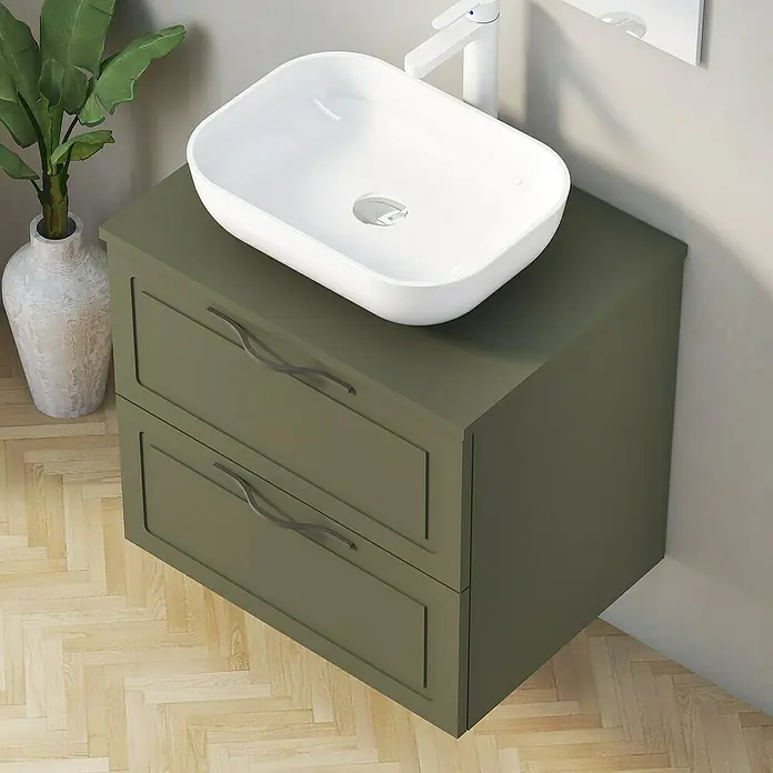 Artysan Mueble bajo de lavabo Toja - An x Pr x Al: 60 x 45 x 54,5 cm, Musgo - Lavabo de baño moderno con mueble de color verde oliva. El lavabo es blanco y rectangular. Un complemento elegante para cualquier baño.