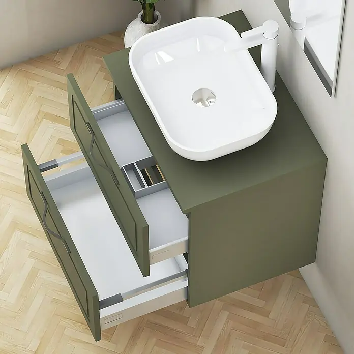 Artysan Mueble bajo de lavabo Toja - An x Pr x Al: 60 x 45 x 54,5 cm, Musgo - Lavabo de baño moderno con tocador verde y cajones abiertos para un diseño elegante.