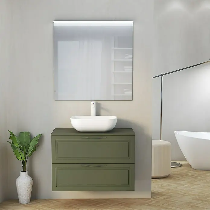 Artysan Mueble bajo de lavabo Toja - An x Pr x Al: 80 x 45 x 54,5 cm, Musgo - Elegante lavabo de baño con mueble verde y espejo grande, creando una estética moderna.