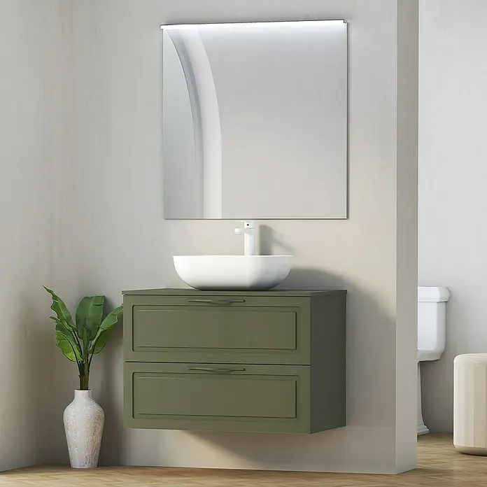 Artysan Mueble bajo de lavabo Toja - An x Pr x Al: 80 x 45 x 54,5 cm, Musgo - Elegante lavabo de baño con mueble verde oliva y un espejo elegante con iluminación. Un complemento moderno para cualquier baño.