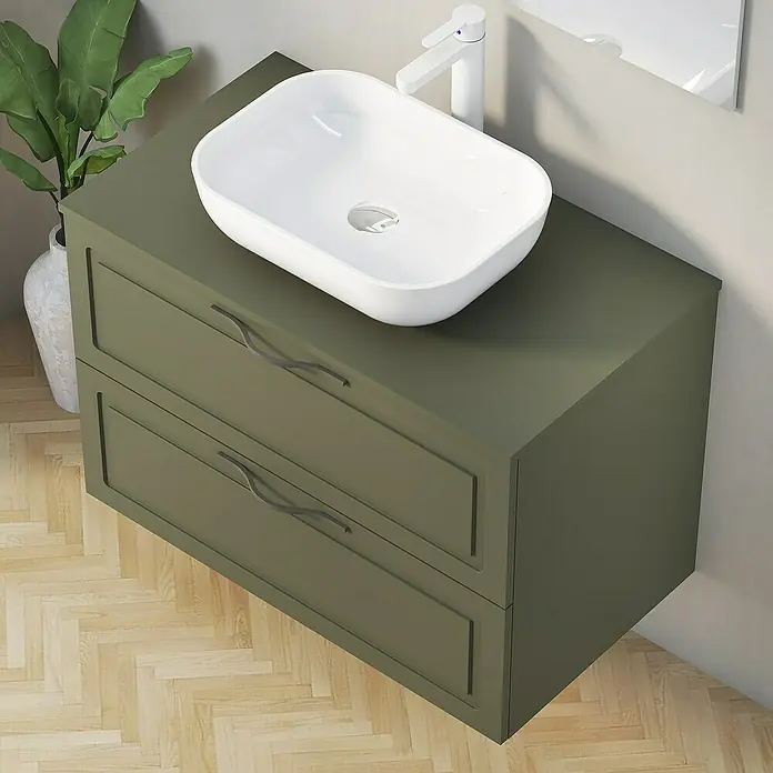 Artysan Mueble bajo de lavabo Toja - An x Pr x Al: 80 x 45 x 54,5 cm, Musgo - Elegante lavabo de baño oliva con mueble. El diseño moderno incluye dos cajones con tiradores elegantes para un aspecto contemporáneo.