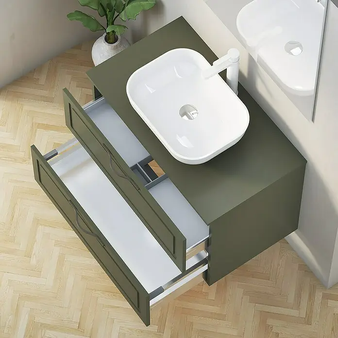 Artysan Mueble bajo de lavabo Toja - An x Pr x Al: 80 x 45 x 54,5 cm, Musgo - Mueble de baño moderno verde oliva con dos cajones abiertos y lavabo sobre encimera. Diseño elegante para el baño.
