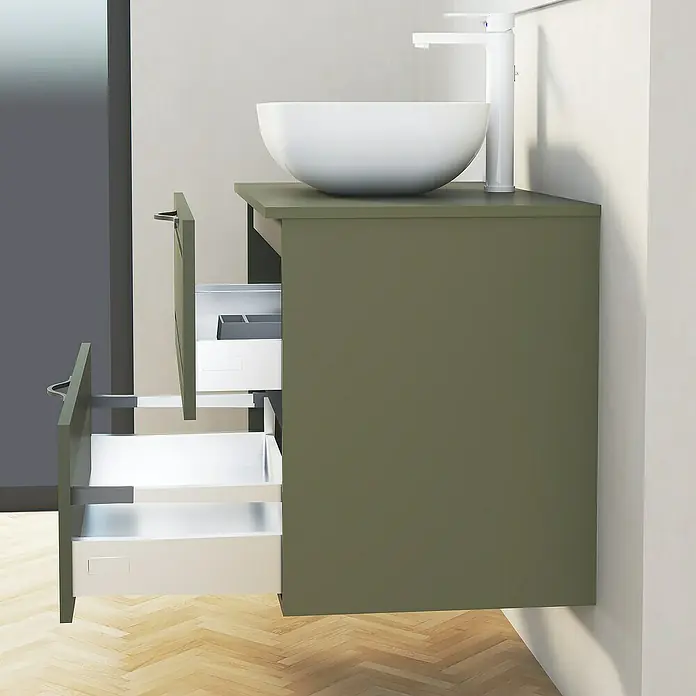 Artysan Mueble bajo de lavabo Toja - An x Pr x Al: 80 x 45 x 54,5 cm, Musgo - Un moderno mueble de baño en verde oliva con un extraíble abierto y un lavabo sobre encimera blanco. Diseño elegante para el baño.