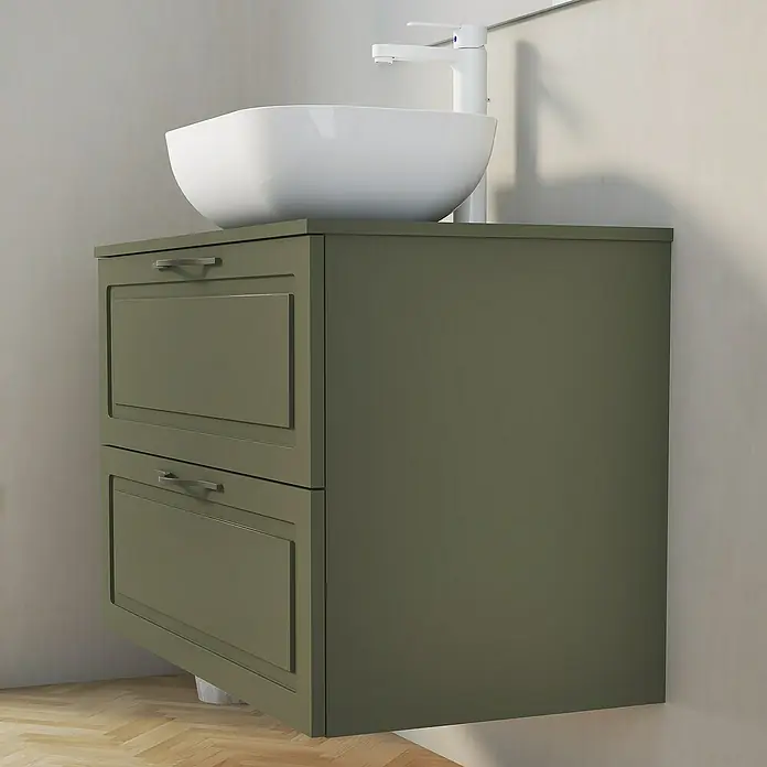 Artysan Mueble bajo de lavabo Toja - An x Pr x Al: 80 x 45 x 54,5 cm, Musgo - Mueble de baño verde con dos cajones y lavabo sobre encimera blanco. Mobiliario de baño moderno.
