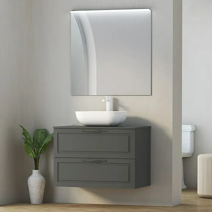 Artysan Encimera para lavabo Toja - 45,7 x 81 x 1,6 cm, Antracita - Moderno conjunto de lavabo con mueble gris, lavabo sobre encimera y espejo iluminado para un baño elegante.