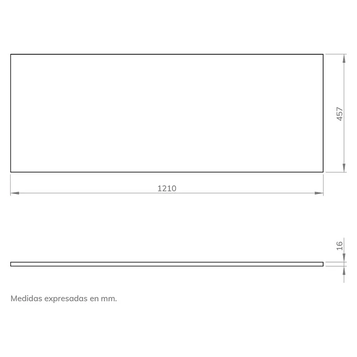 Artysan Encimera para lavabo Toja - 45,7 x 121 x 1,6 cm, Blanco - Dibujo técnico de un producto rectangular con dimensiones 1210 x 457 x 16 mm.